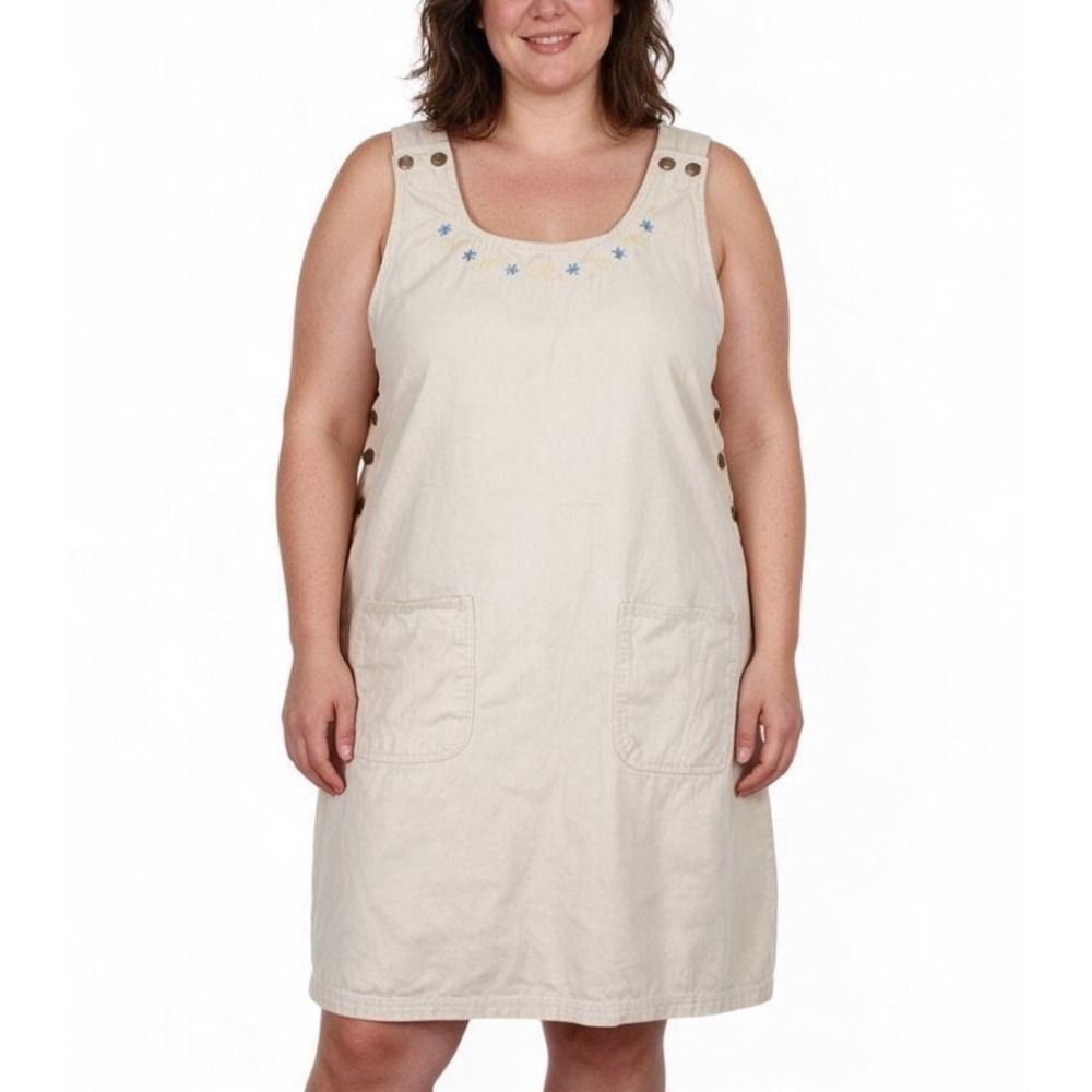 VTG SOUTHERN EXPRESSIONS Khaki Overall Jumper Dress Shift SLEEVELESS Pockets 2X